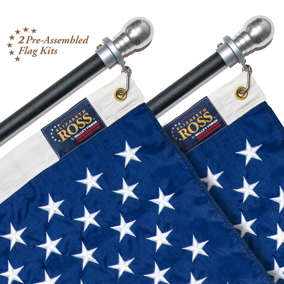 2-Pack American Flag Kit Bundle - Black Aluminum Poles with Silver Spinning Rings