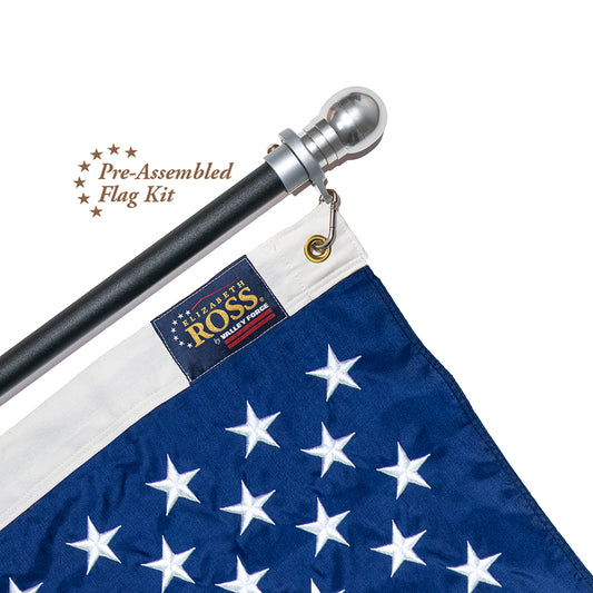 3' x 5' Elizabeth Ross American Flag Kit with Black Aluminum Pole, Silver Finial, Spinning Rings, and Mounting Bracket