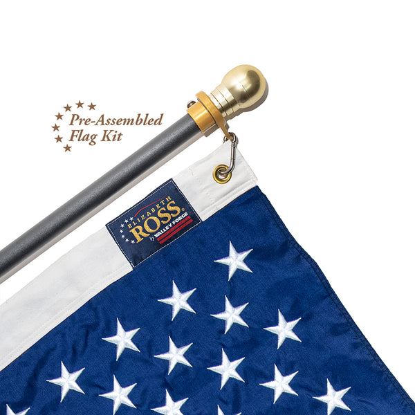 3' x 5' Elizabeth Ross American Flag Kit with Black Aluminum Pole, Gold Finial, Spinning Rings, and Mounting Bracket