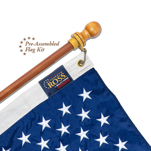 3' x 5' Elizabeth Ross American Flag Kit with Hardwood Pole, 3" Wooden Finial, Spinning Rings, and Mounting Bracket